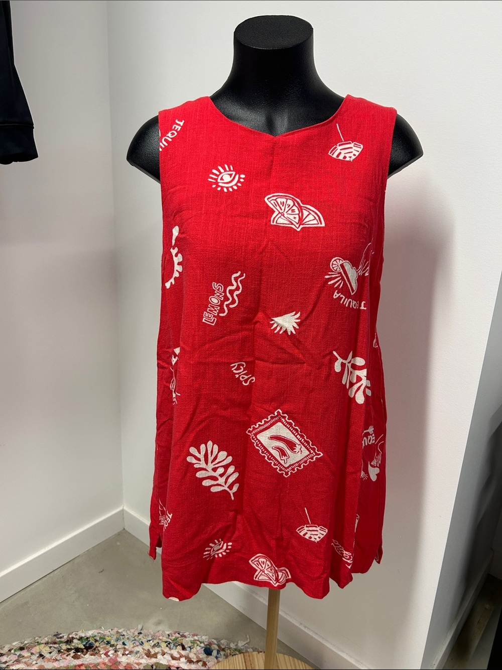 Paper Heart Red Tequila Spicy Lemon Print Linen Blend Mini Shift Dress Large